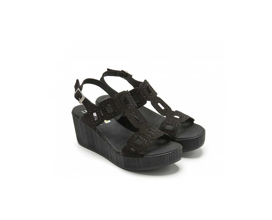 Woman 24hrs | Openwork Sandal Nubuck Finish Leather Rhinestones Detail.